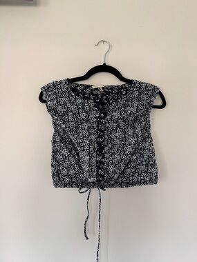 Maje Navy and White Floral Tie-Front Crop Top